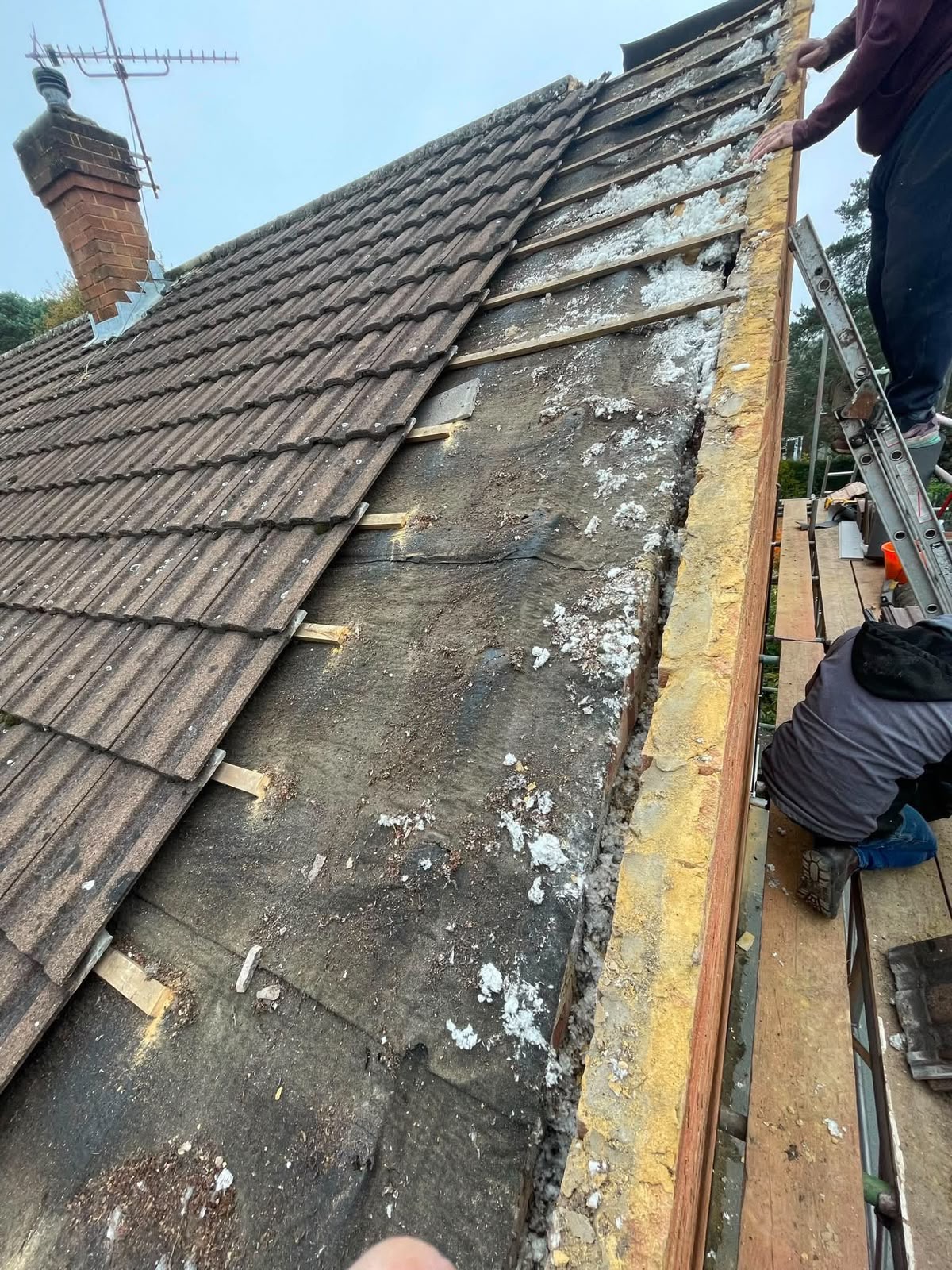 Exposed roof layers and insulation during repair